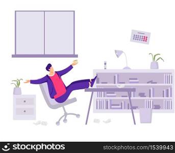 Worker loafer in office illustration. Male character lounges while working mediocre employee who does not fulfill companys plan poor deadline conditions unproductive vector activity.. Worker loafer in office illustration. Male character lounges while working mediocre employee.