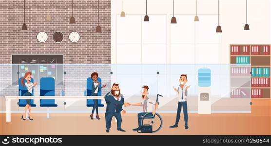 Worker make Successful Deal at Coworking Space. Smiling Businessman Shake Hand in Office. Happy Team Wear Suit make Agreement. Business Character Meeting. Cartoon Flat Vector Illustration. Worker make Successful Deal at Coworking Space