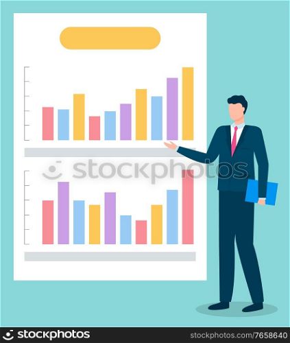 Worker male presenting growth statistic on graph report. Business strategy of employee man in suit standing near presentation and showing chart by hand. Analyzing information on diagram symbol vector. Employee Presenting Business Graph Report Vector