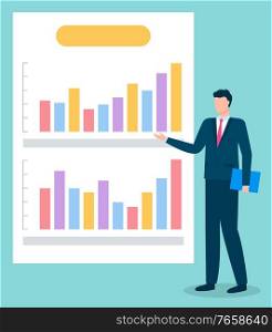 Worker male presenting growth statistic on graph report. Business strategy of employee man in suit standing near presentation and showing chart by hand. Analyzing information on diagram symbol vector. Employee Presenting Business Graph Report Vector