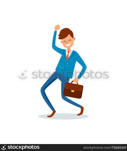 Worker man with briefcase, successful businessman with smile on face vector. Flat style of senior executive, boss with case jumping from happiness. Worker Man with Briefcase, Successful Businessman