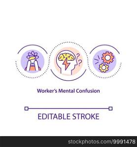Worker mental confusion concept icon. Anxiety at workplace. Stress from office work. New employee adaptation idea thin line illustration. Vector isolated outline RGB color drawing. Editable stroke. Worker mental confusion concept icon