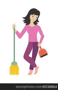 Worker of Cleaning Company with Dustpan and Broom.. Woman member of the cleaner service staff with dustpan and broom. Worker of cleaning company. Successful cleaning business company. Lady housekeeper isolated on white. Vector illustration