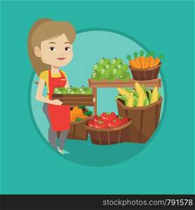 Worker of grocery store standing in front of section with vegetables and fruits. Worker of grocery store holding a box with apples. Vector flat design illustration in the circle isolated on background. Supermarket worker with box full of apples.