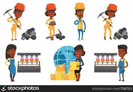Worker of ice cream manufacture. Worker of factory producing ice cream. Man working on automatic production line of ice cream. Set of vector flat design illustrations isolated on white background.. Vector set of industrial workers.
