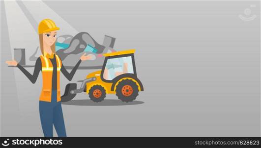 Worker of rubbish dump standing with spread arms. Woman standing on the background of rubbish dump and bulldozer. Caucasian worker of rubbish dump. Vector flat design illustration. Horizontal layout.. Worker and bulldozer at rubbish dump.