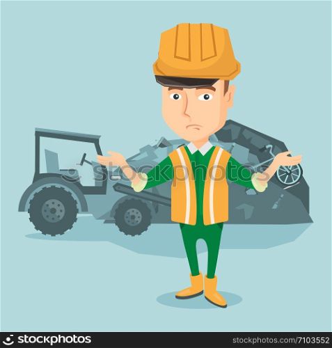 Worker of rubbish dump standing with spread arms. Man standing on the background of rubbish dump and bulldozer. Upset caucasian worker of rubbish dump. Vector flat design illustration. Square layout.. Worker and bulldozer at rubbish dump.