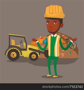 Worker of rubbish dump standing with spread arms. Man standing on the background of rubbish dump and bulldozer. African-american worker of rubbish dump. Vector flat design illustration. Square layout. Worker and bulldozer at rubbish dump.