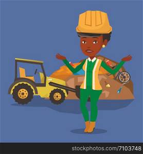 Worker of rubbish dump standing with spread arms. Woman standing on the background of rubbish dump and bulldozer. An african worker of rubbish dump. Vector flat design illustration. Square layout. Worker and bulldozer at rubbish dump.