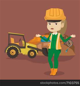 Worker of rubbish dump standing with spread arms. Woman standing on the background of rubbish dump and bulldozer. Young caucasian worker of rubbish dump. Vector flat design illustration. Square layout. Worker and bulldozer at rubbish dump.
