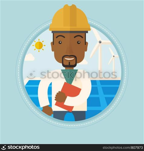 Worker of solar power plant and wind farm. An african-american man with folder on background of solar panel and wind turbine. Vector flat design illustration in the circle isolated on background.. Male worker of solar power plant and wind farm.