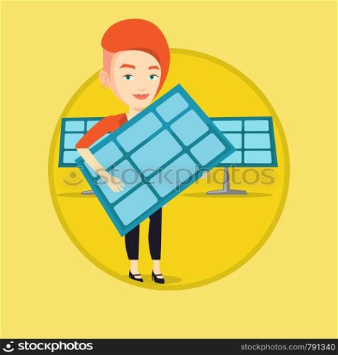Worker of solar power plant holding solar panel. Young woman with panel in hands standing on the background of solar power plant. Vector flat design illustration in the circle isolated on background.. Woman holding solar panel vector illustration.