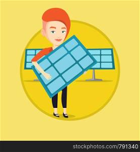 Worker of solar power plant holding solar panel. Young woman with panel in hands standing on the background of solar power plant. Vector flat design illustration in the circle isolated on background.. Woman holding solar panel vector illustration.