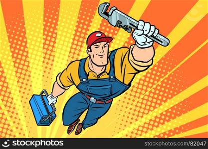 Worker plumber superhero flying. Comic book cartoon pop art retro vector illustration drawing. Worker plumber superhero flying