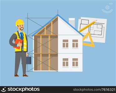 Worker portrait view wearing helmet, contractor character and building house, drawing construction on paper, engineering technology, tools on blue vector. House Engineering, Contractor and Building Vector