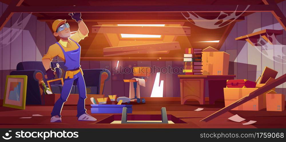 Worker repair old attic in house. Handyman with instruments fixing garret room with broken roof, walls and beams, construction works on messy mansard with hatch and window, cartoon vector illustration. Worker repair old attic in house. Handyman works