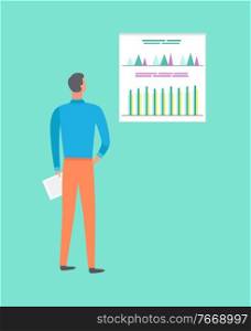 Worker researching charts, standing back view man, person holding paper. Full length of standing human. Analytics data and statistic, diagram vector. Worker Researching Charts, Back View of Man Vector