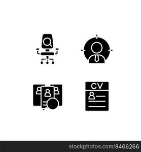 Worker selection process black glyph icons set on white space. Job position. Headhunting. Applicant resume. Choosing employee. Silhouette symbols. Solid pictogram pack. Vector isolated illustration. Worker selection process black glyph icons set on white space