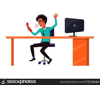 Worker shouting in phone and waving hands, sitting by table in office, furious irritated and businessman behaving aggressively vector illustration. Worker Shouting in Phone, Vector Illustration