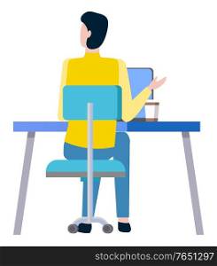 Worker sitting at desk on chair and working at computer isolated cartoon person, back view. Vector male with cup of coffee sitting at open notebook. Worker Sitting at Desk on Chair Works at Computer