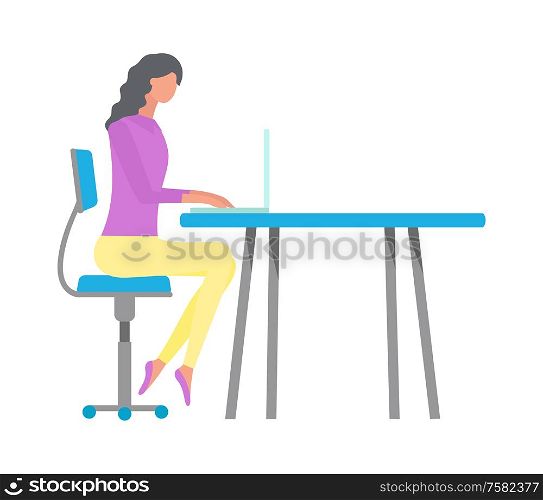 Worker sitting at table using laptop, woman side view in casual clothes, wireless device, office or workplace. Communication with computer vector. Woman Using Laptop at Table, Workplace Vector