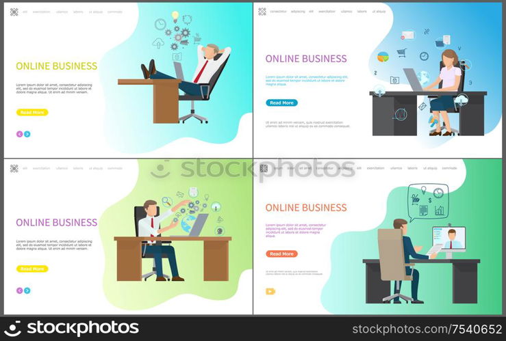 Worker sitting at table with laptop, successful job with network vector. Set of online business icons, algorithmization and programming of working. Set Of Sitting Worker at Table with Laptop Vector