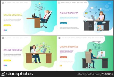 Worker sitting at table with laptop, successful job with network vector. Set of online business icons, algorithmization and programming of working. Set Of Sitting Worker at Table with Laptop Vector