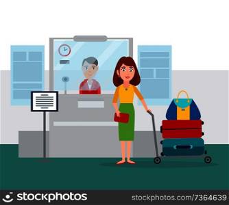 Worker sitting by counter in airport, information bureau, table containing info and calm woman standing with cart full of bags, vector illustration. Worker Sitting by Counter Vector Illustration