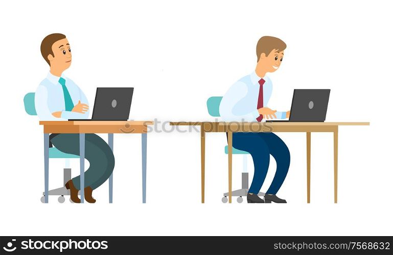 Worker sitting by tables vector, office employees with laptops. Male teamwork, collaboration between coworkers, developers and optimizing website. Worker Sitting, Office Employees with Laptops
