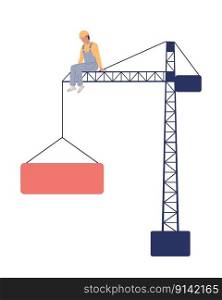 Worker sitting on tower crane semi flat color vector character. Building machine on construction site. Editable on white. Simple cartoon style spot illustration for web graphic design and animation. Worker sitting on tower crane semi flat color vector character