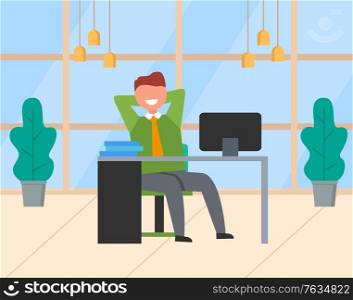 Worker sitting on workplace and watching in monitor of computer, company success. Employee celebration, man sitting at table with pc, office. Vector illustration in flat cartoon style. Man Watching in Monitor, Smiling Employee Vector