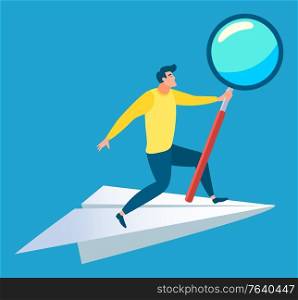 Worker standing on paper plane with magnifier, business ambitions. Employee researching, symbol of success, company progress, male with lens vector. Worker Researching, Business Ambitions Vector