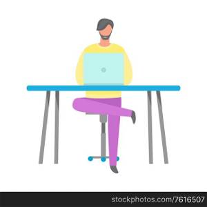 Worker using computer at table, male portrait view, man putting one leg over the other. Working process with laptop, wireless device and workplace vector. Man Putting Leg Over the Other, Using PC Vector