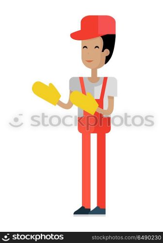 Worker vector illustration in flat style. Man character in gloves and uniform picture for jobs conceptual banners, web, app, icons, infographics, logotype design. Isolated on white background. . Worker Vector Illustration in Flat Design. . Worker Vector Illustration in Flat Design.