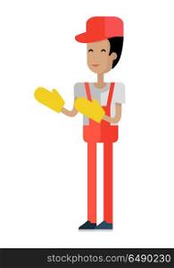 Worker vector illustration in flat style. Man character in gloves and uniform picture for jobs conceptual banners, web, app, icons, infographics, logotype design. Isolated on white background. . Worker Vector Illustration in Flat Design. . Worker Vector Illustration in Flat Design.