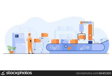 Worker watching conveyor with boxes isolated flat vector illustration. Cartoon man standing in warehouse with automation process. Manufacture and factory concept
