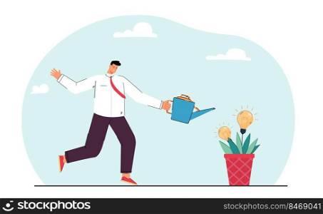 Worker watering potted plant with idea light bulbs to grow. Metaphor of raising brilliant idea flat vector illustration. Generating creative idea concept for banner, website design or landing web page