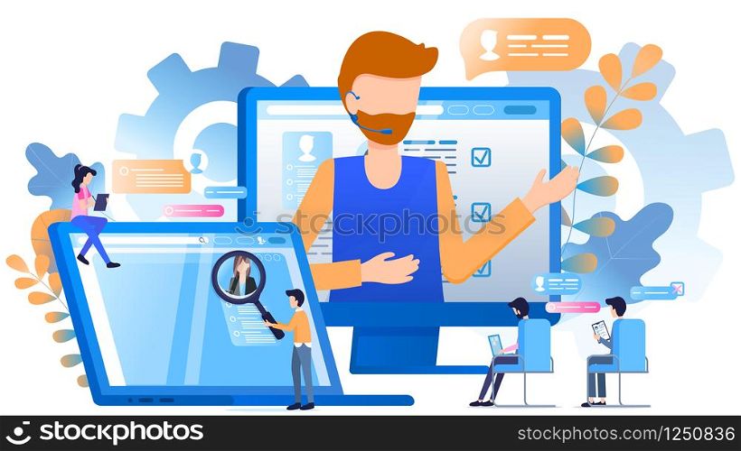 Worker Wear Headset Customer Support Magnifier. Bearded Man Call Center Operator. Character Sit on Chair Work at Laptop Tablet. Manager Magnify Avatar Head. Flat Cartoon Vector Illustration. Worker Wear Headset Customer Support Magnifier