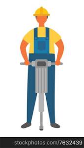 Worker wearing uniform and helmet, isolated workman character with auger. Drilling ground, drill tool used by male. Adult with assignment from boss. Vector illustration in flat cartoon style. Workman Drilling Ground, Working Man at Job Vector