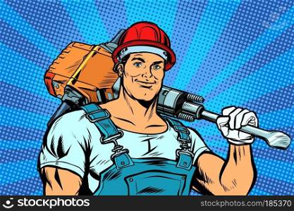 worker with a jackhammer. Pop art retro vector illustration vintage kitsch. pop art worker with a jackhammer