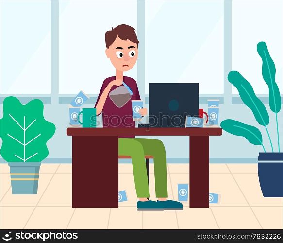 Worker with angry face holding kettle and cup of coffee, caffeine beverage. Employee sitting on workplace, working with laptop and drinking java vector. Man Drinking Coffee on Business Workplace Vector