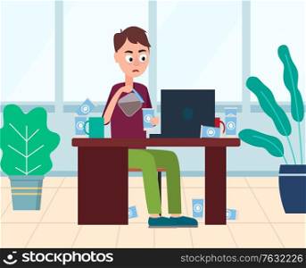 Worker with angry face holding kettle and cup of coffee, caffeine beverage. Employee sitting on workplace, working with laptop and drinking java vector. Man Drinking Coffee on Business Workplace Vector