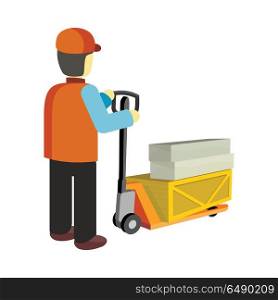 Worker with Cargo Cart. Worker in uniform and helmet with cargo cart. Warehouse and forklift truck, truck and jack, cargo cart, delivery and lift, equipment industry, industrial loader. Delivery and shipping cargo