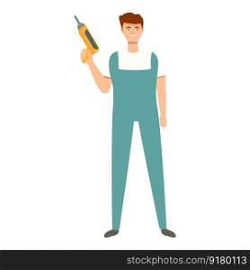 Worker with electric drill icon cartoon vector. Air conditioner. Service home. Worker with electric drill icon cartoon vector. Air conditioner