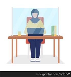 Worker with shield on desk semi flat color vector character. Sitting figure. Full body person on white. After covid isolated modern cartoon style illustration for graphic design and animation. Worker with shield on desk semi flat color vector character
