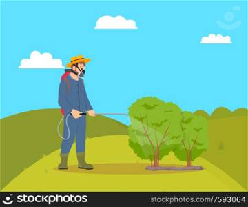 Worker with sprayer working on hill. Man farmer protecting bushes from harmful insects with chemical liquids from tank reservoir. Plantation vector. Worker with Sprayer on Hill Vector Illustration