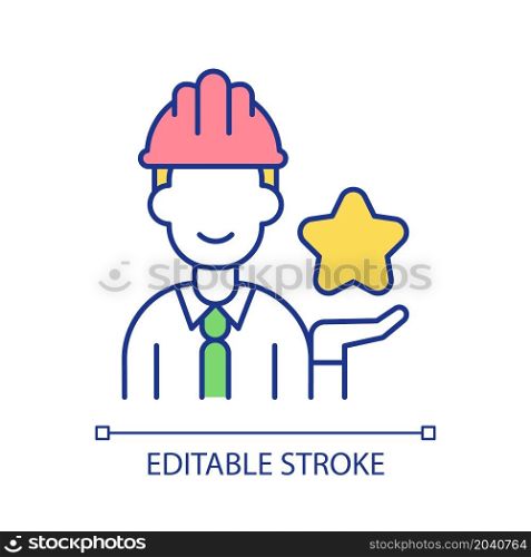 Worker with star RGB color icon. Professional achievements and career goals. Employee personal development strategy. Isolated vector illustration. Simple filled line drawing. Editable stroke. Worker with star RGB color icon