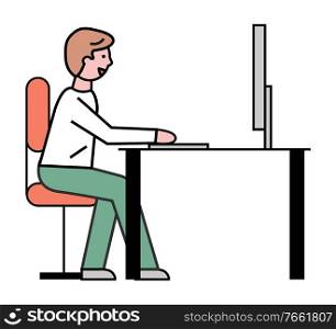 Worker working from home or in office. Man using laptop for education or job. Person fulfilling tasks and issues. Personal computer on table, workplace of male. Line art character, vector in flat. Male Person Working on Laptop Character Outline