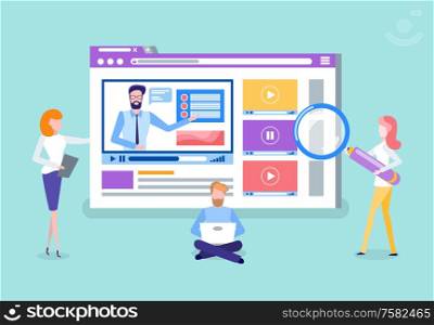Workers analyzing website with tools vector. Tutoring video, online courses page with tutor. Man working on laptop, developing site for students users. Online Courses Video Website, Analysis of Web Page
