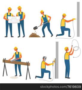 Workers and tools, building or construction works vector. House draft or scheme, digging soil and drilling wall, saw and log, folding measure tape. Building and Construction Works, Workers and Tools